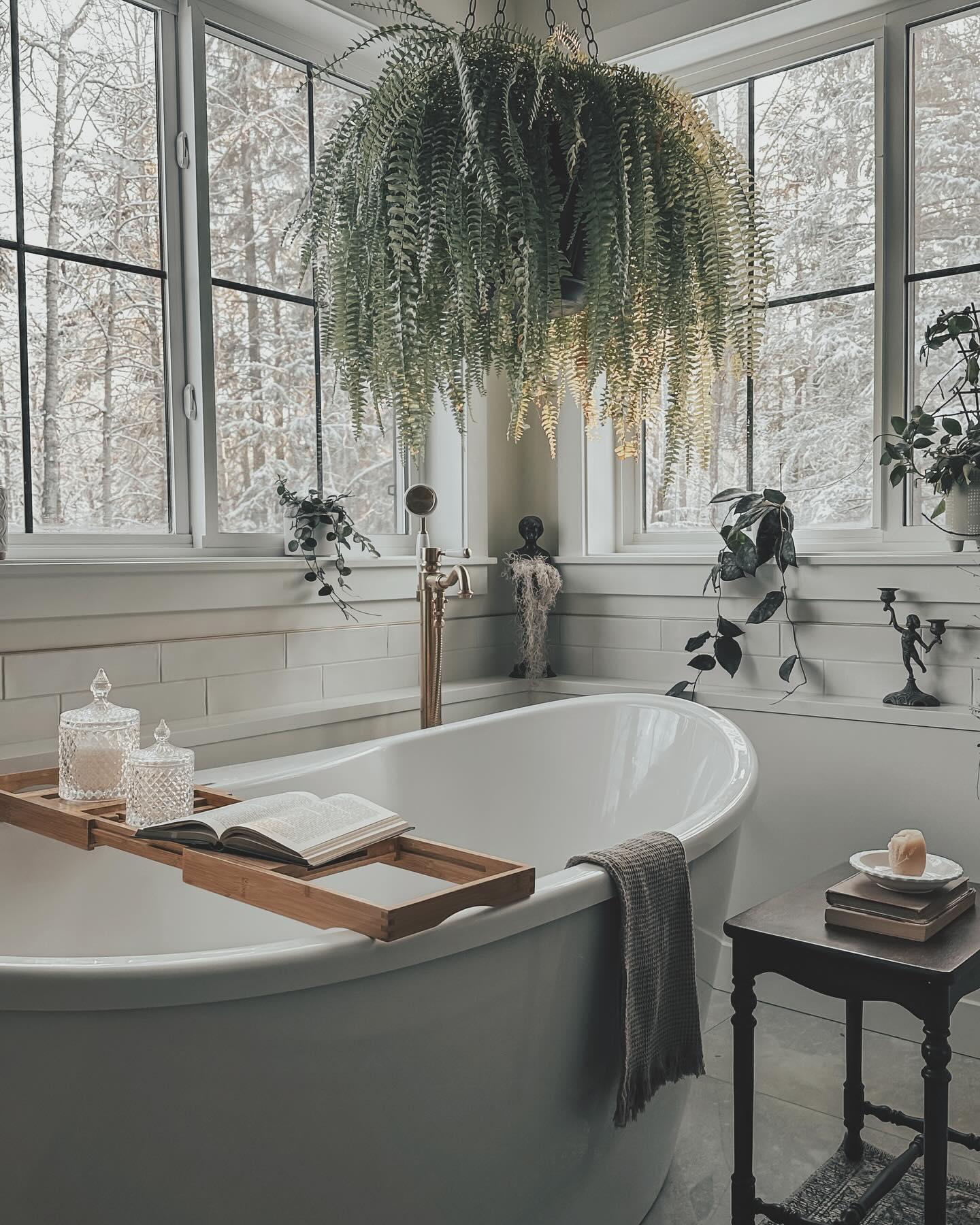 banheiro branco com planta